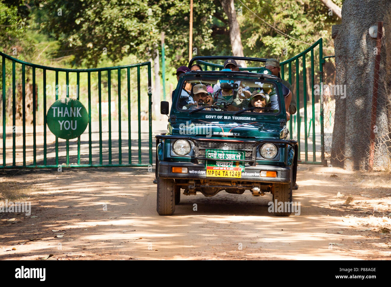 Jeeps mit Touristen und ihre Führer warten auf Tiger an überfüllten Ort in Marrakech, Indien während eines Tiger Safari Stockfoto