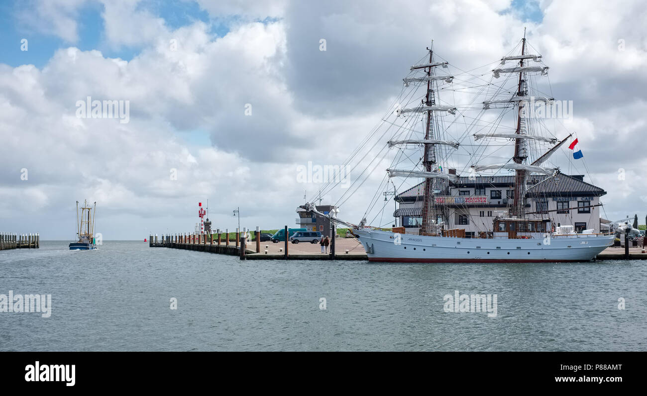 Segelschiff Aphrodite im alten Hafen von Oudeschild Stockfoto