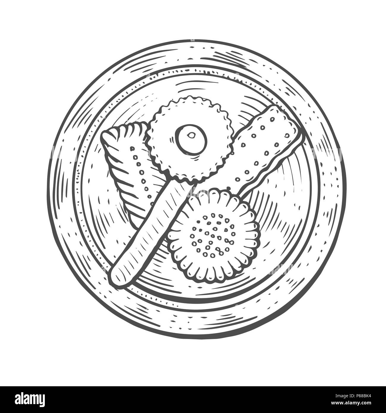 Hand gezeichnet. Orientalische Süßigkeiten Vector Illustration. Middle Eastern Food. Essen Menü Hintergrund. Ansicht von oben. Monochrom design Vorlage. Stock Vektor