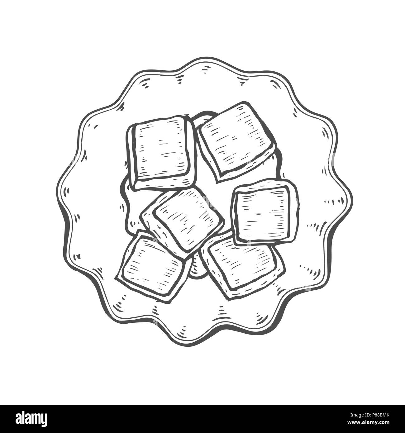 Hand gezeichnet. Orientalische Süßigkeiten Vector Illustration. Middle Eastern Food. Essen Menü Hintergrund. Ansicht von oben. Monochrom design Vorlage. Stock Vektor