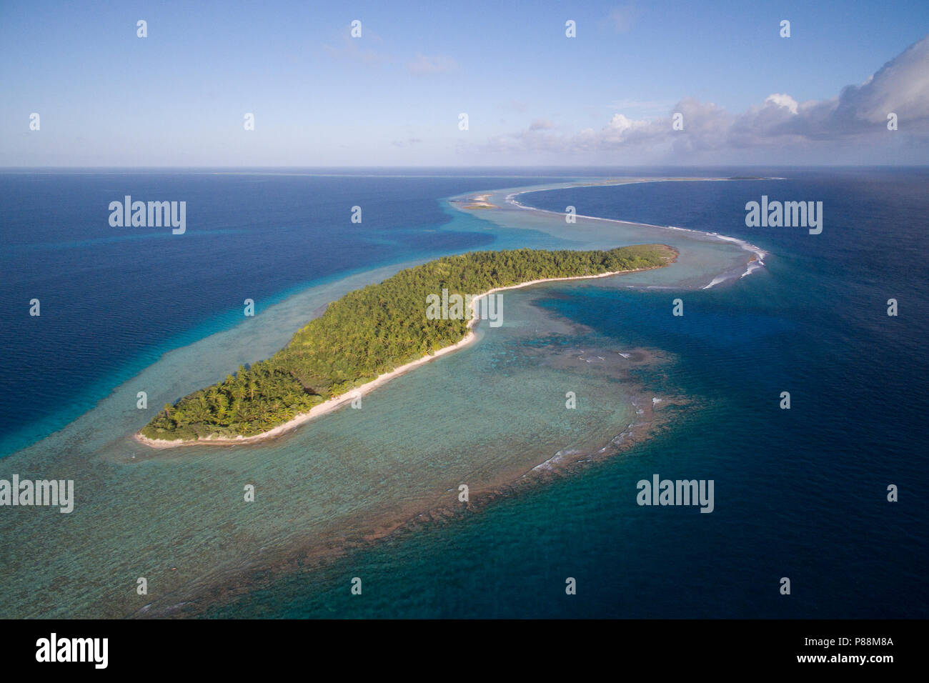 Luftaufnahme von Anchorage Insel in Suwarrow Atoll, Cook Inseln Stockfoto