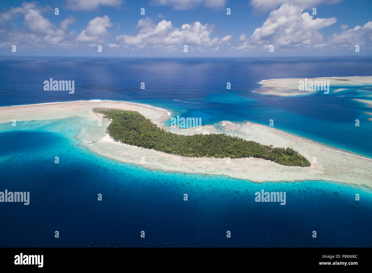 Luftaufnahme von Anchorage Insel in Suwarrow Atoll, Cook Inseln Stockfoto