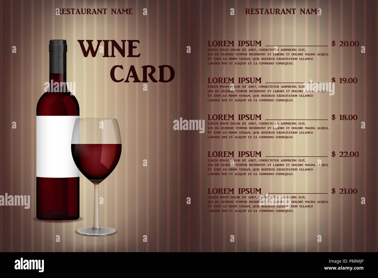 Weinkarte Menü Design mit realistischen Flasche und Glas. Restaurant Weinkarte Getränkekarte, Rot wineglass Vorlage. Vector Illustration Stock Vektor