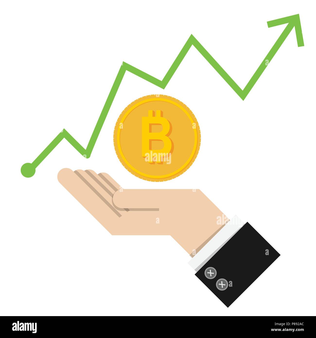 Vector Illustration. finanziellen Erfolg Konzept mit goldenen Bitcoins Leiter auf grün Grafik, Diagramm Hintergrund. auf weißem Hintergrund. Handel fin Stock Vektor