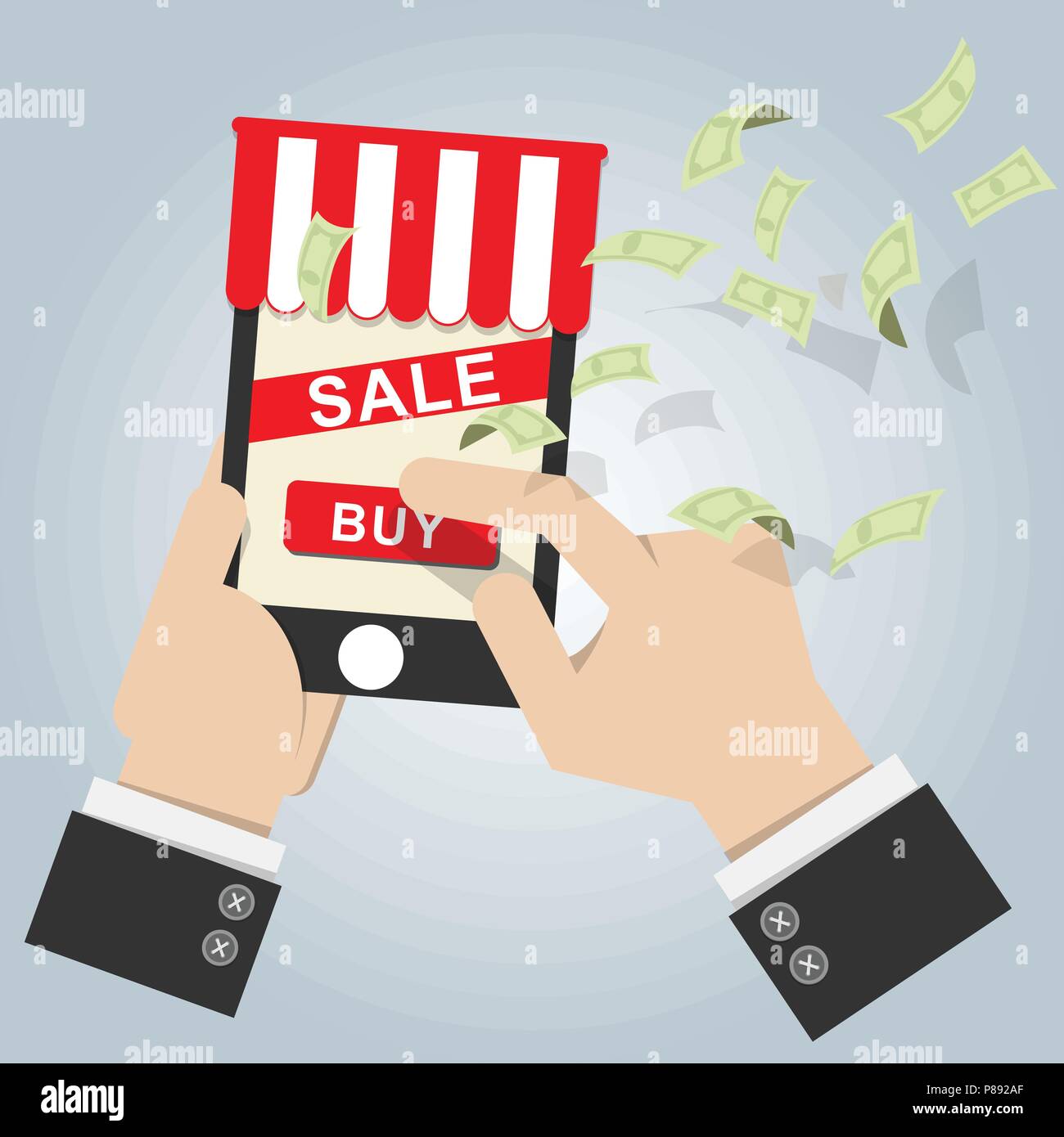 Vector Illustration. online shop Symbol auf smart phone mit Bildschirm verkaufen und mit dem Geld Bank Note Durchfluss bei Hintergrund kaufen. Online shopping Konzept Stock Vektor