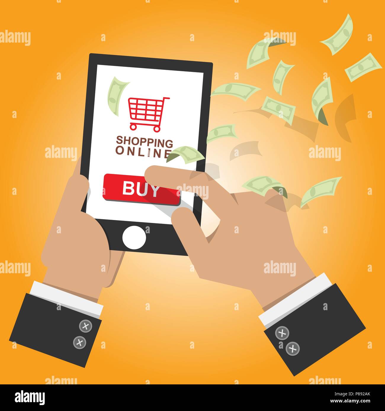 Vector Illustration. online shop Symbol auf smart phone mit Bildschirm verkaufen und mit dem Geld Bank Note Durchfluss bei Hintergrund kaufen. Online shopping Konzept Stock Vektor
