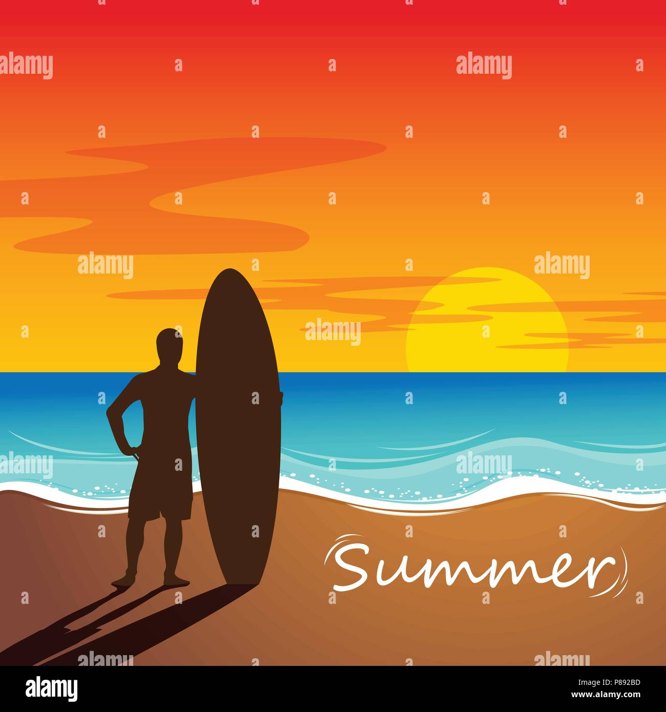 Silhouette von surf Mann stand mit einem Surfbrett. Surfen am Sunset Beach. Outdoor Wassersport Abenteuer Lifestyle. Aktivität Sommer. Stock Vektor