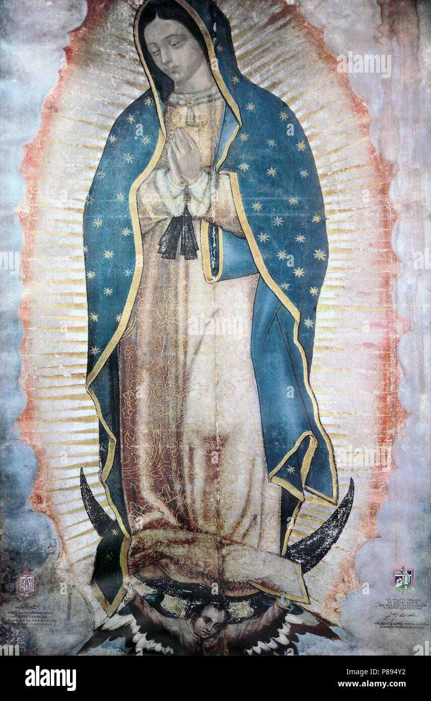 Tilma der Gottesmutter (Juan Diego Cuauhtlatoatzin aka Juan Diegotzil (1474-1548), die in der Basilika in Baños de Agua Santa Ecuador Stockfoto