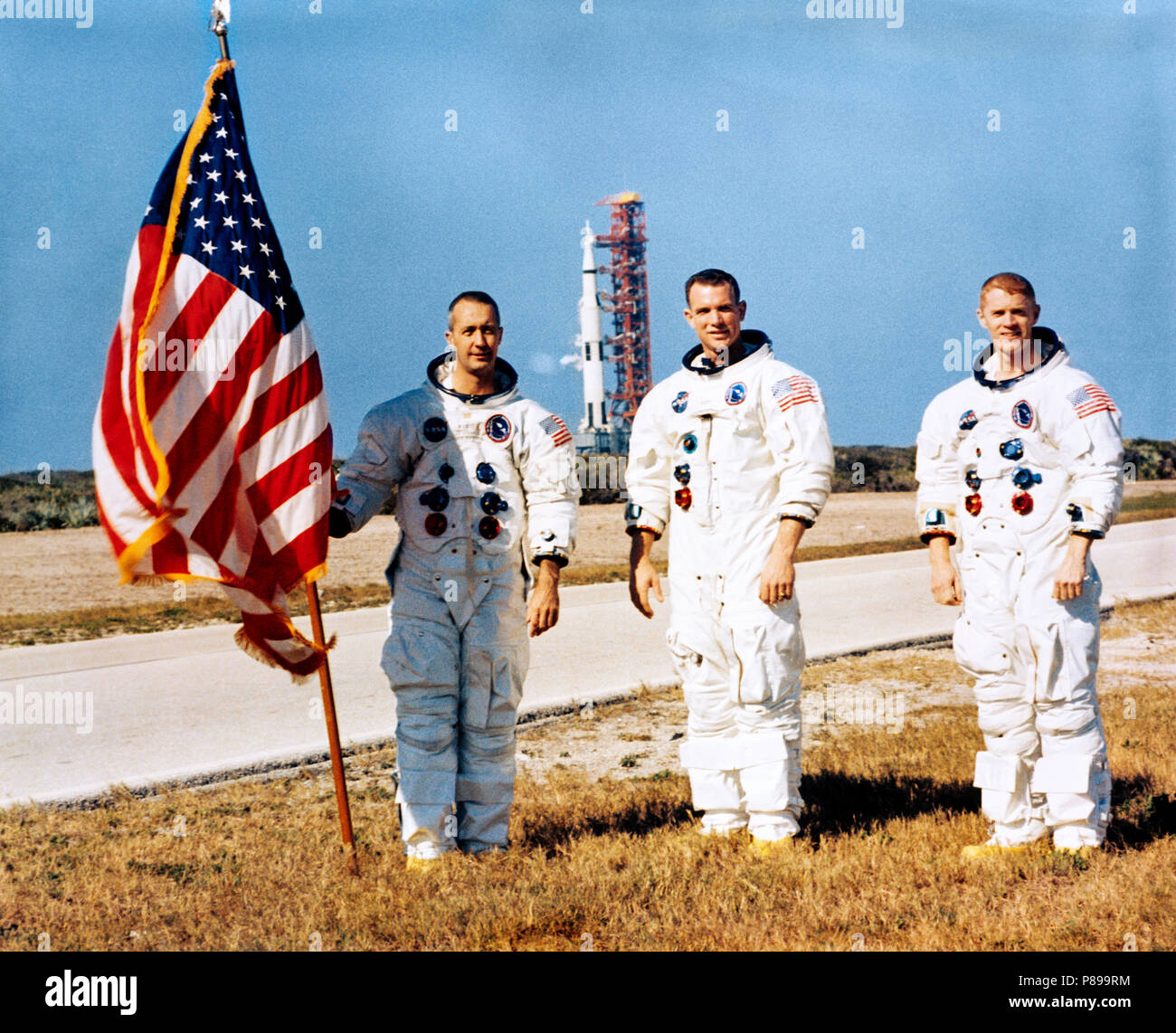 Die Crew von Apollo 9 Mission. Zu Recht, sind James A. McDivitt, Commander Links; David R. Scott, Befehl Modul Pilot und Russell L. Schweickart Stockfoto