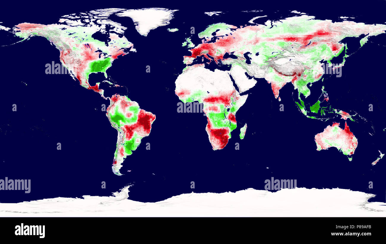 NASA IMAGE release August 19, 2010 eine Momentaufnahme von der Produktivität der Anlage der Erde im Jahr 2003 zeigt Regionen der erhöhten Produktivität (grün) und verringerte Produktivität (rot). Tracking die Produktivität zwischen 2000 und 2009, fanden Forscher eine global net Rückgang wegen Dürre. Stockfoto