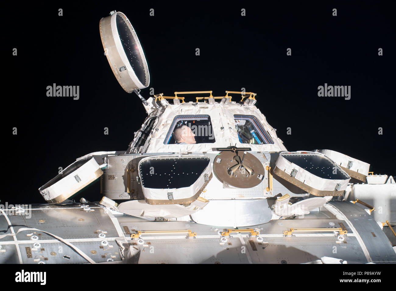 NASA-Astronaut Ricky Arnold blickt aus den sieben-windowed Kuppel, die Ansichten der Erde unten sowie nähern und Nachschub abfliegende Schiffe an Bord der Internationalen Raumstation am 30. Juni 2018 in der Erdumlaufbahn. Stockfoto