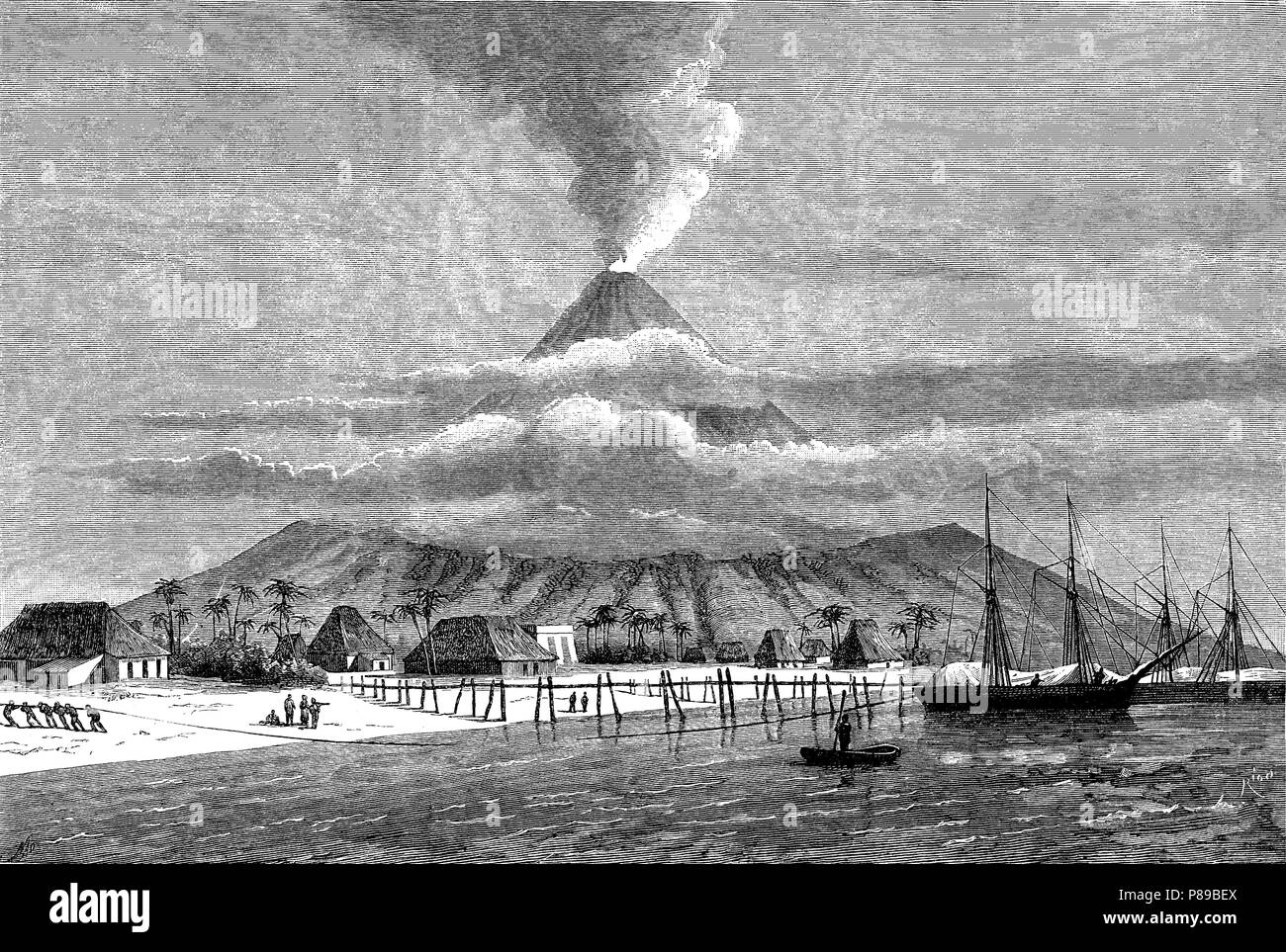 Filipinas. Panorama de la Montaña y Volcán de Mayon, situado cerca de la Ciudad de Legazpi, en la Isla de Luzón. Grabado de 1885. Stockfoto