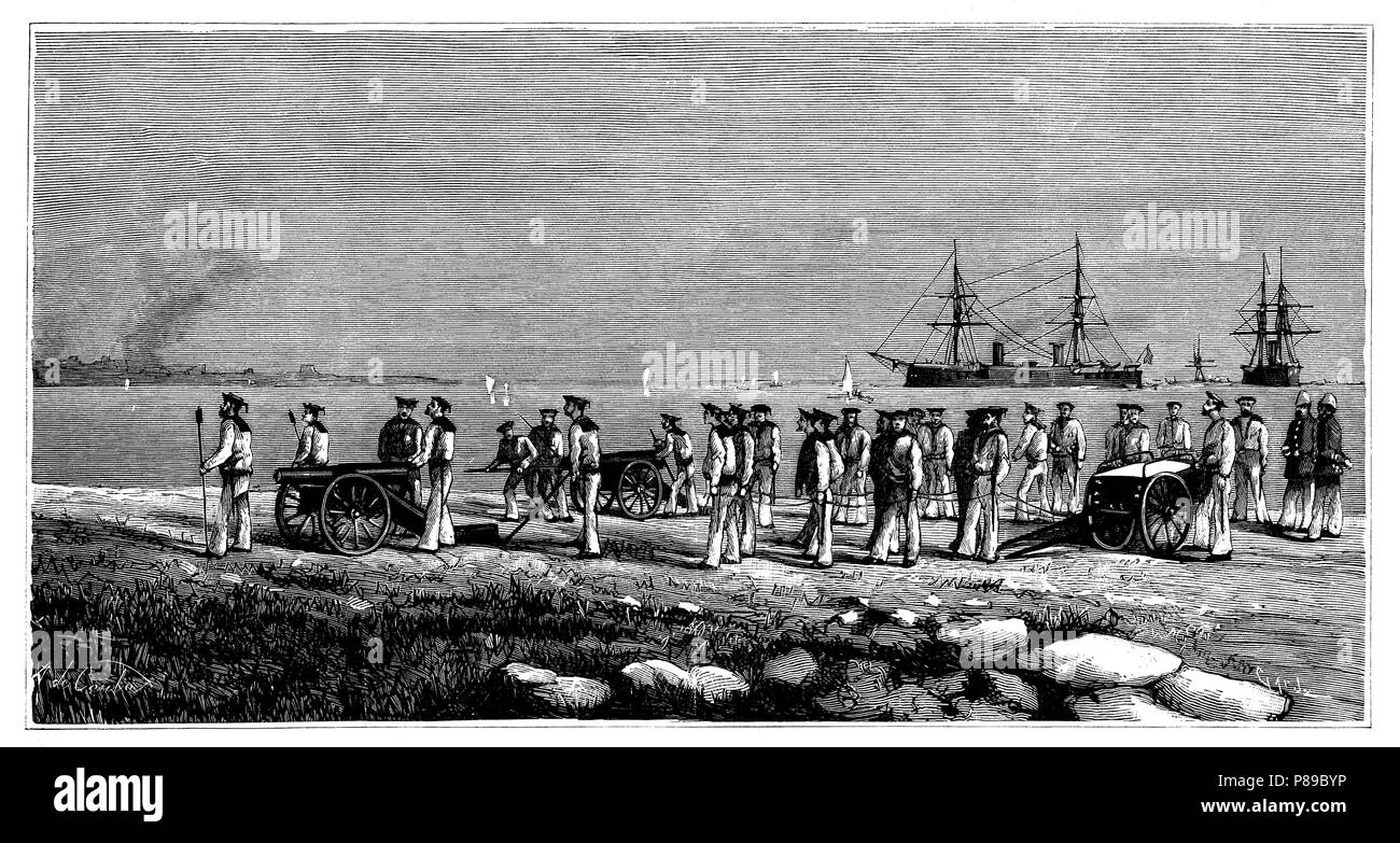 Egipto. Desembarco de Marineros y soldados Ingleses después del bombardeo de la Armada británica En 1882. Grabado de 1882. Stockfoto