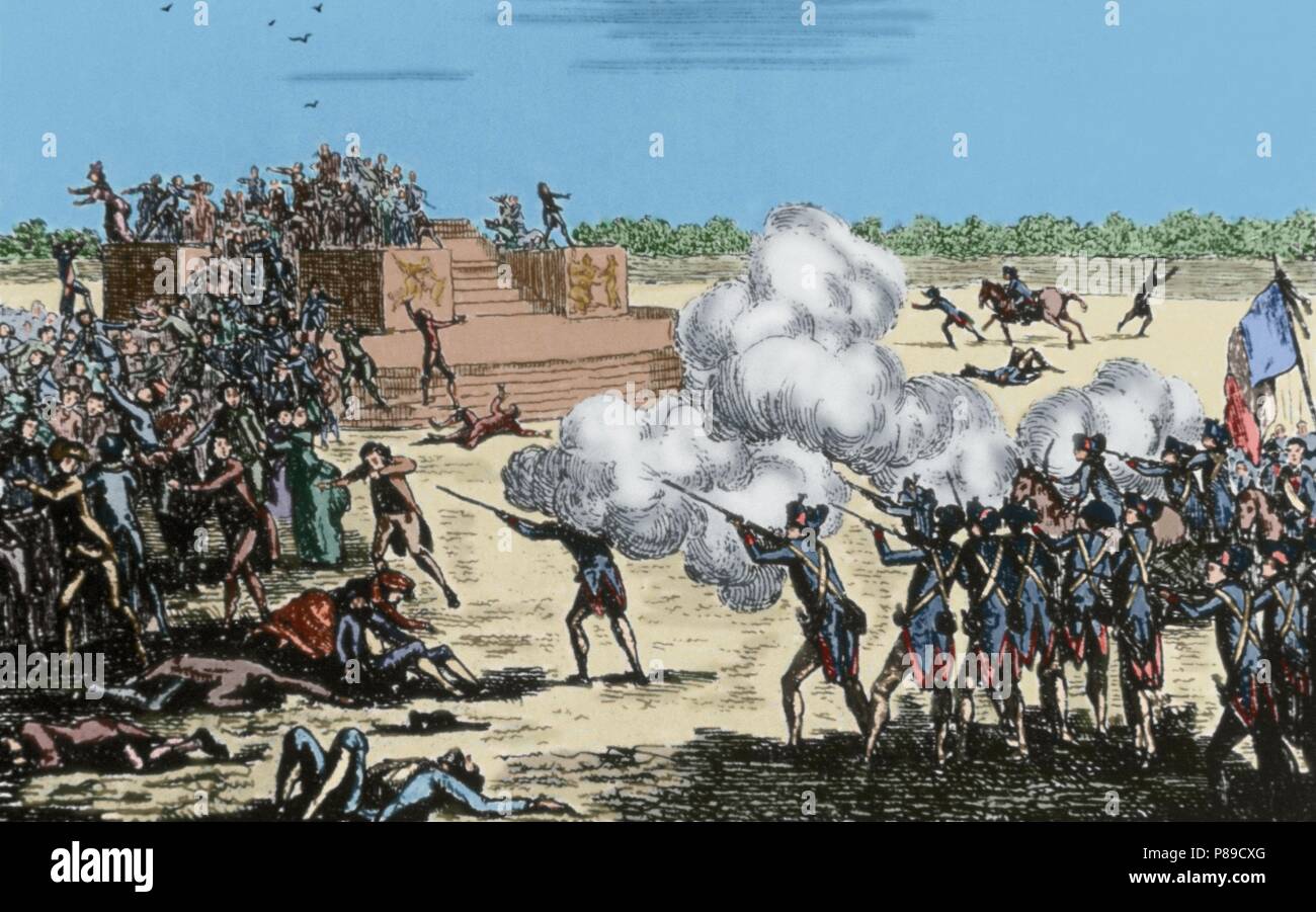 Französische Revolution (1789-1799). Champ de Mars (17. Juli 1791) Massaker. Anonym. Gravur. Farbige. Stockfoto