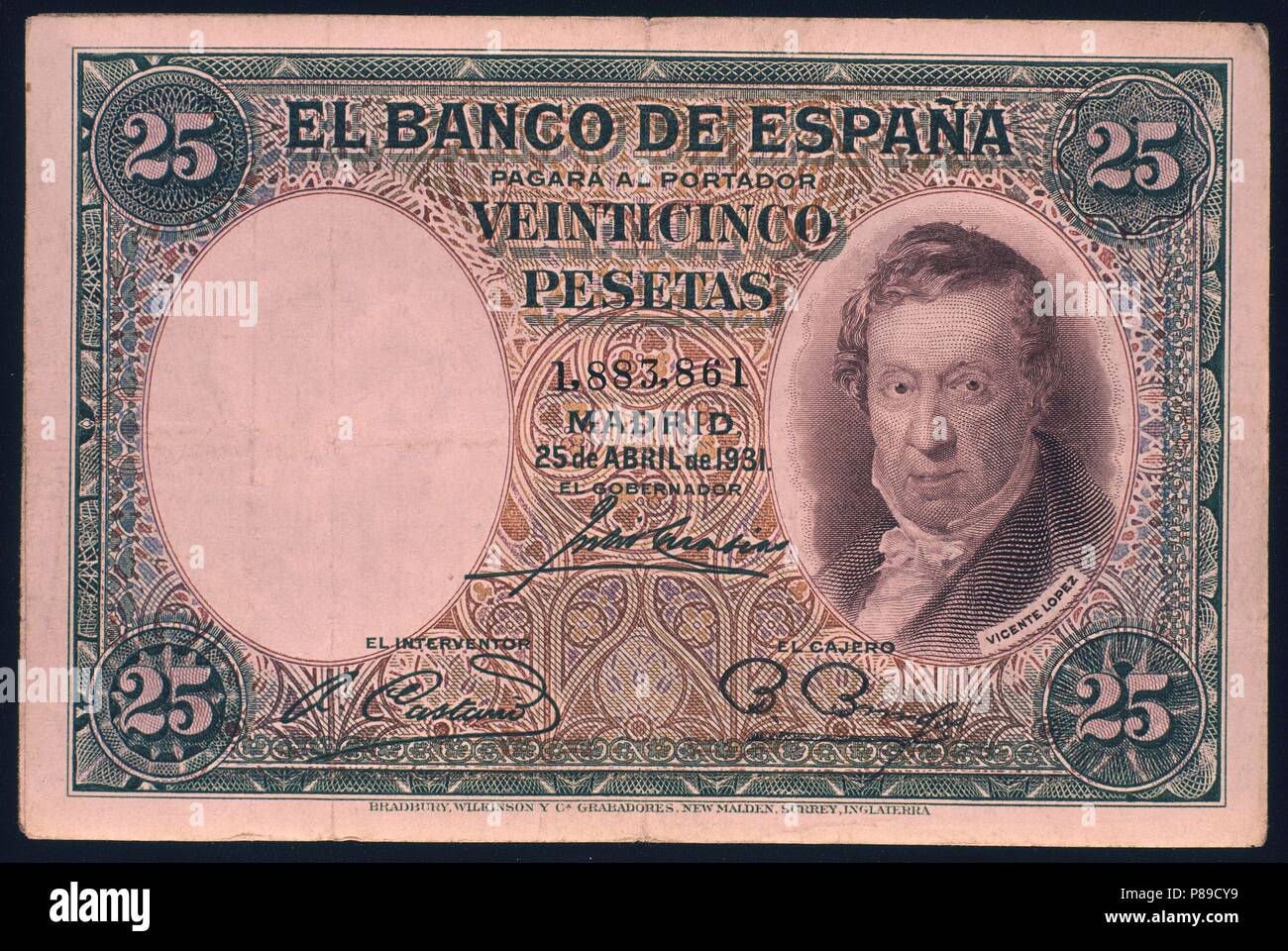 BILLETE DE 25 Peseten 1931 - ANVERSO. Ort: BANCO DE ESPAÑA - Dokumente, MADRID, SPANIEN. Stockfoto