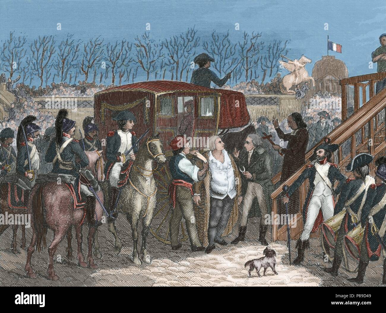 Französische Revolution. Hinrichtung von Ludwig XVI. von Frankreich (1754-1793) auf dem Platz der Revolution (Concorde-Platz). 21. Januar 1793. Der König wird zum Schafott geführt. Paris. Gravur. des 19. Jahrhunderts. Farbige. Stockfoto