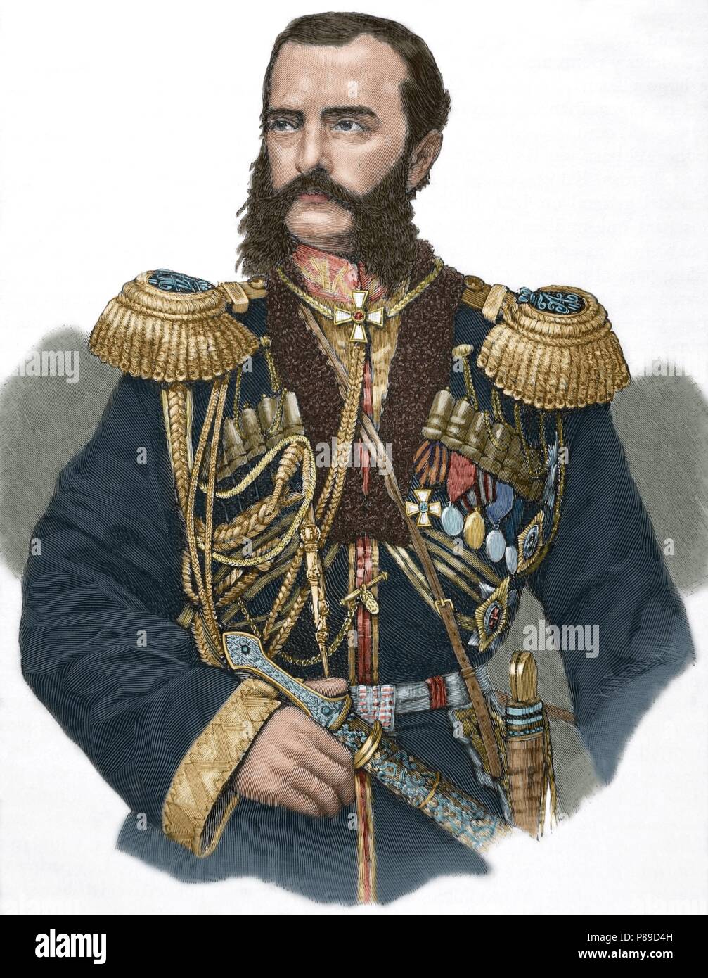 Grand Duke Michael Nikolajewitsch von Russland (1832-1909). Vierter Sohn und siebtes Kind von Tsar Nicholas I von Rußland und Charlotte von Preußen. Porträt. Gravur. "Historia Universal", 1885. Farbige. Stockfoto