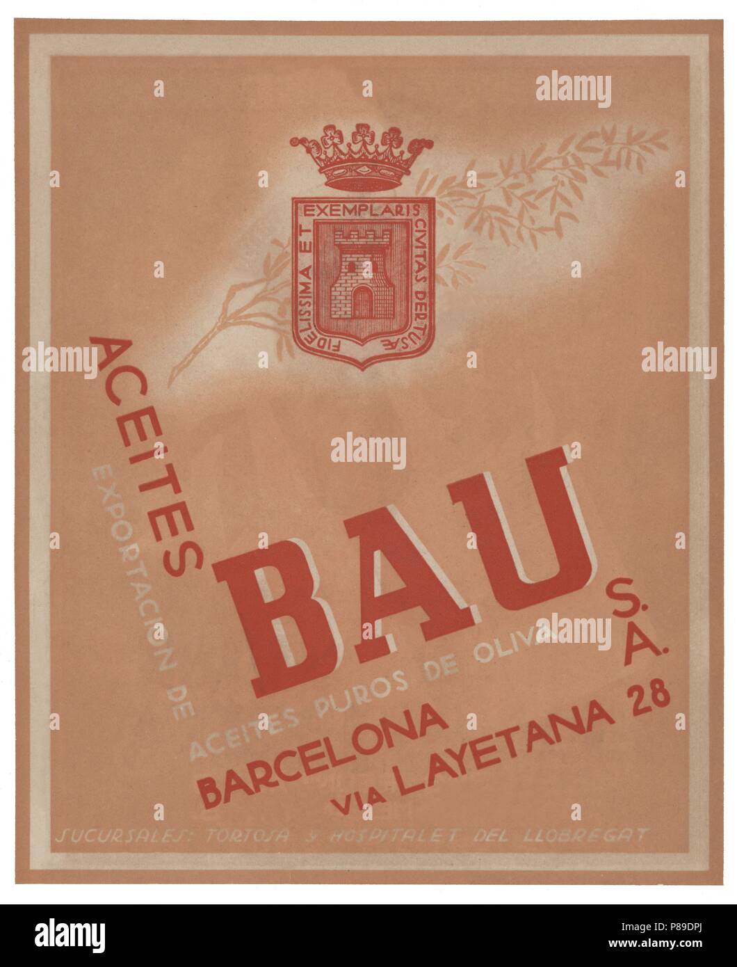 Publicidad. Aceites Bau, S.A., de Barcelona. Año 1940. Stockfoto