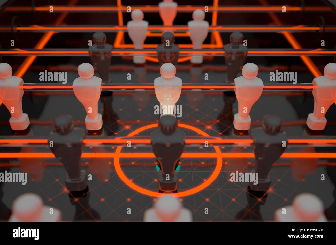 Eine Nahaufnahme Aussehen der Figuren eines futuristischen foosball Tabelle beleuchtet durch dramatische leuchtende Markierungen und Beleuchtung - 3D-Rendering Stockfoto