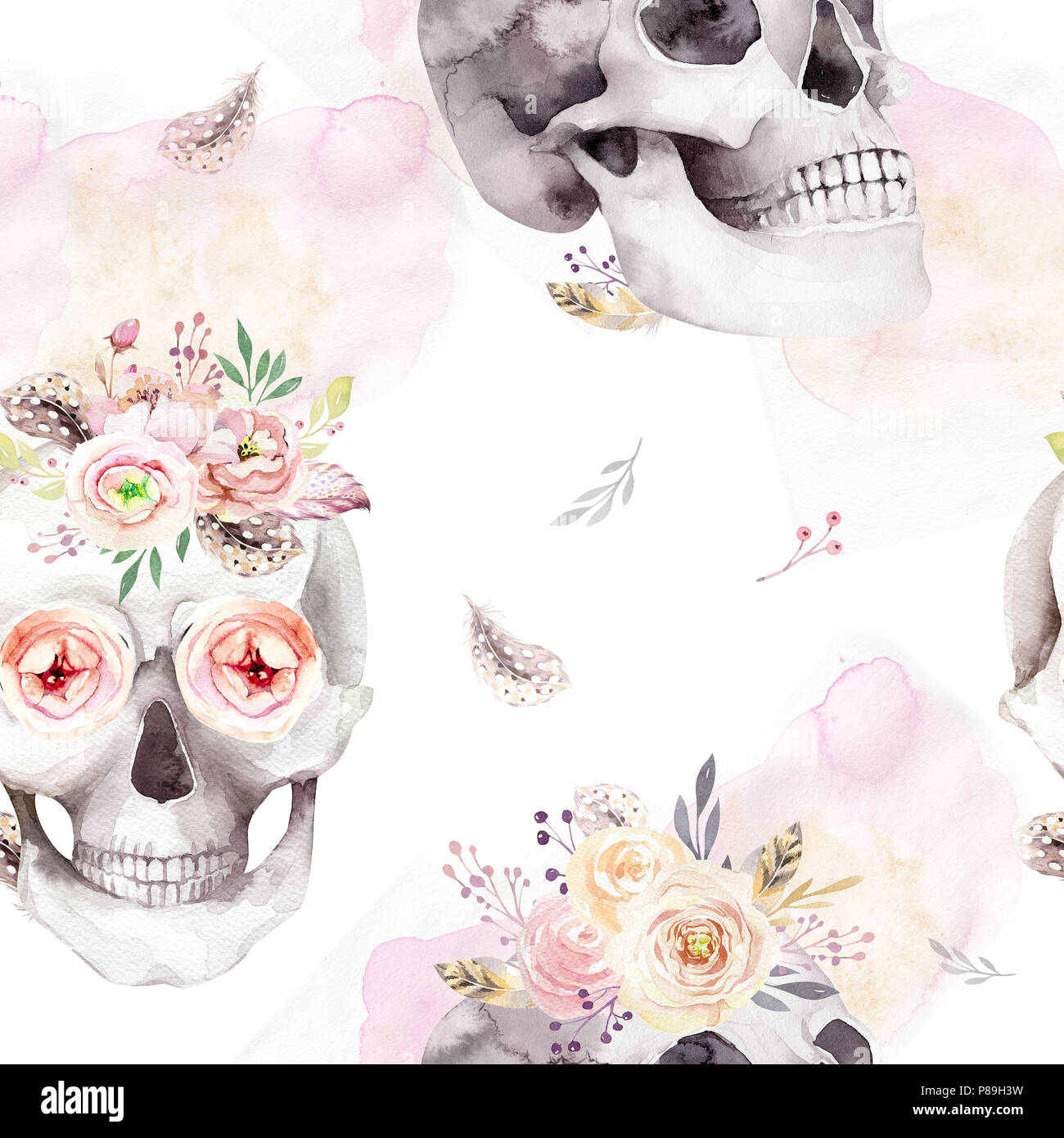 Vintage Aquarell Muster Mit Totenkopf Und Rosen Wildblumen Und Blumen Hand Gezeichnete Illustration In Boho Style Schadel Tapete Mit Blumenmuster Tag Der D Stockfotografie Alamy
