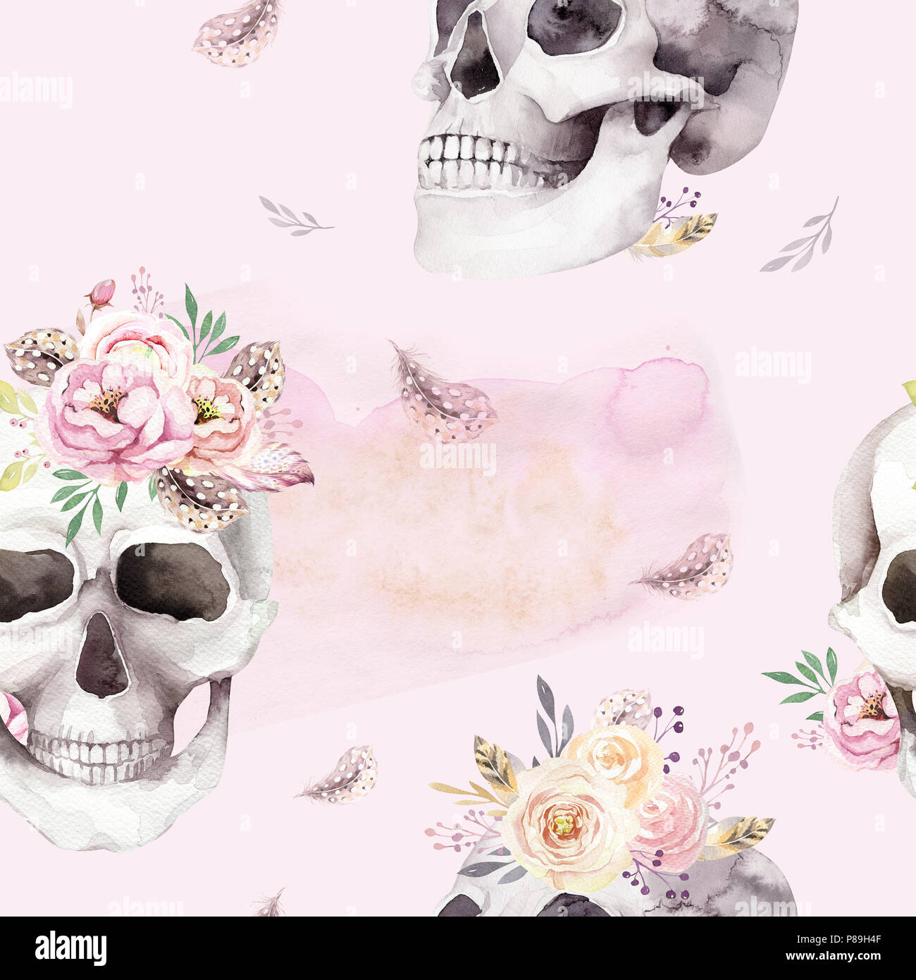 Vintage Aquarell Muster Mit Totenkopf Und Rosen Wildblumen Und Blumen Hand Gezeichnete Illustration In Boho Style Schadel Tapete Mit Blumenmuster Tag Der D Stockfotografie Alamy