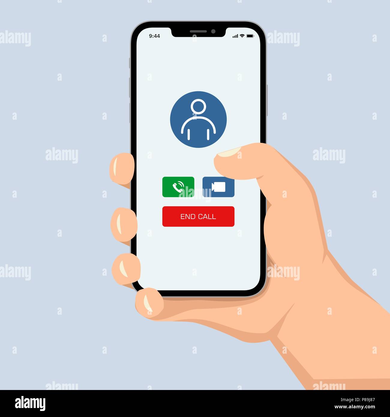 Brutale menschliche Hand Smartphone mit Videokonferenz Benutzeroberfläche der Anwendung Flat Style Abbildung. Stock Vektor