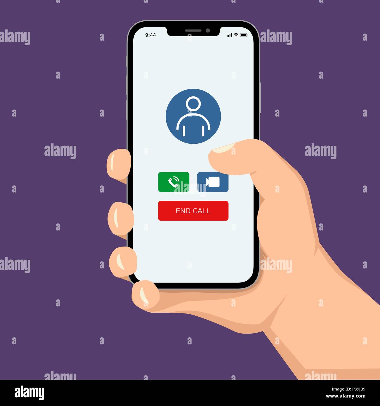 Brutale menschliche Hand Smartphone mit Videokonferenz Benutzeroberfläche der Anwendung Flat Style Abbildung. Stock Vektor