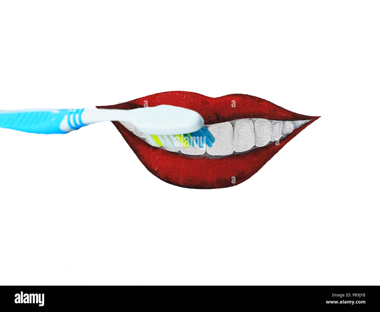 Rote Lippen, Mund mit Zähnen und Zahnbürste. Abbildung isoliert Stockfoto