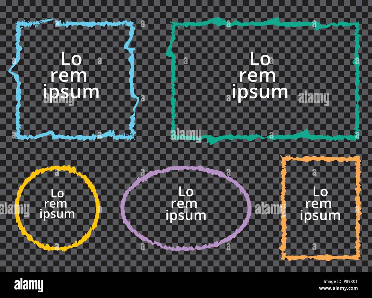 Satz von Grunge bunte Bilder auf transparentem Hintergrund. Quadrat, Rechteck, Kreis, Oval. Vector Illustration Stock Vektor