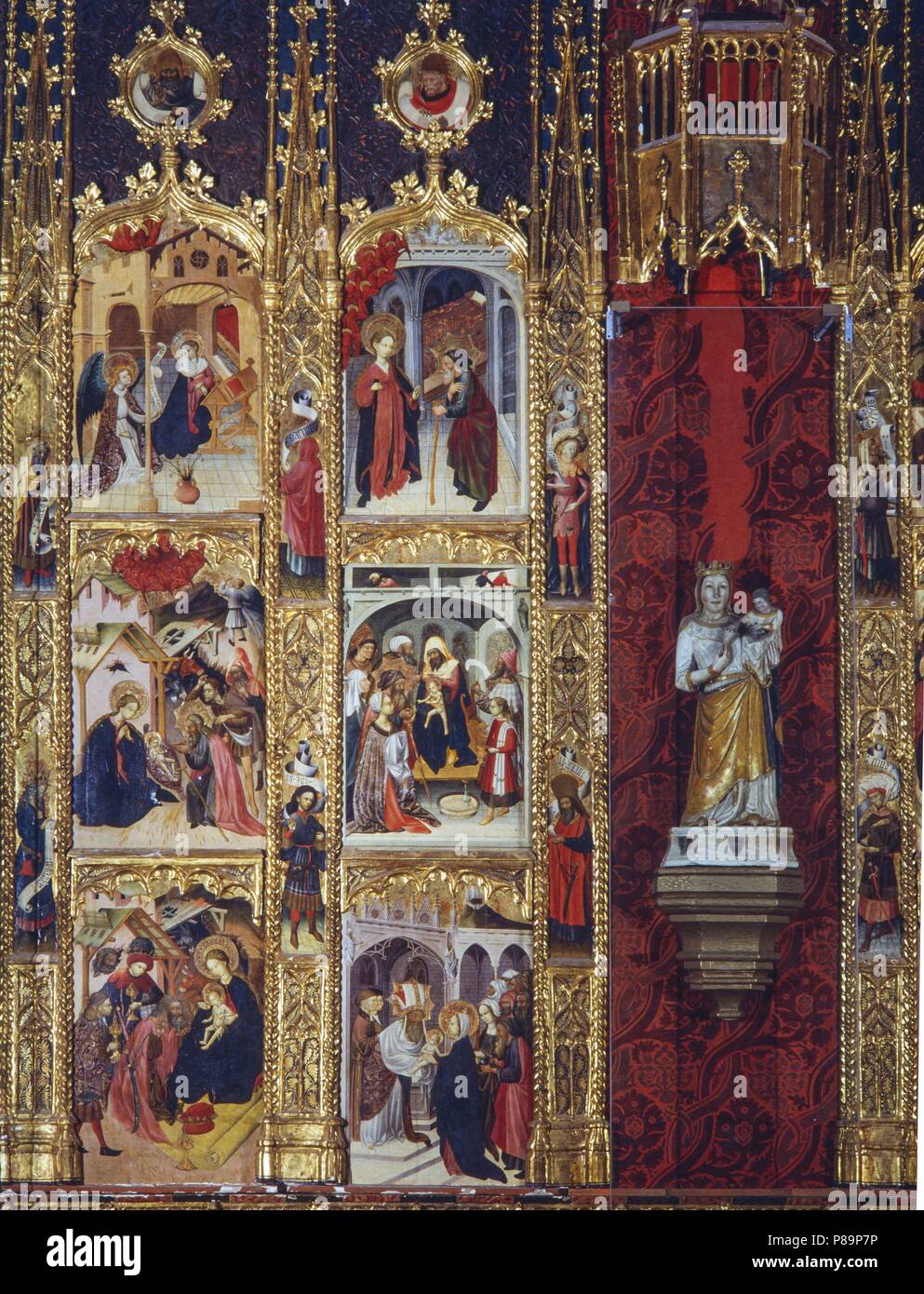 Parte del Retablo de la Mare de Déu de l'Escala. Mediados Del Siglo XV. Joan Antigó o Mestre de Banyoles. Las mejores del Lado izquierdo y Central del retablo. Monestir de Sant Esteve. Banyoles. Stockfoto