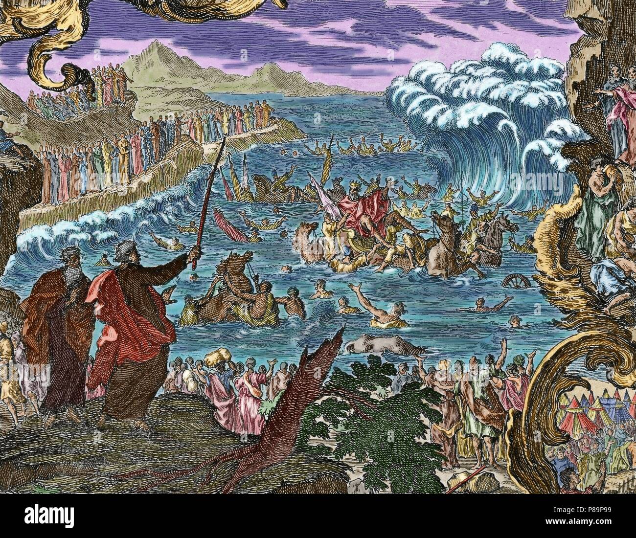 Abschied von den Gewässern des Roten Meeres. Das Buch Exodus. Kapitel 15, Vers 1. Gravur. Farbige. Stockfoto