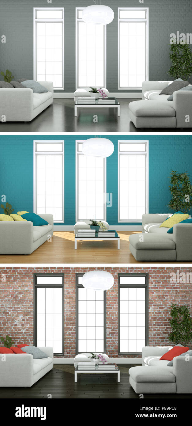 Drei Farbvarianten einer modernen Loft Innenarchitektur Stockfoto