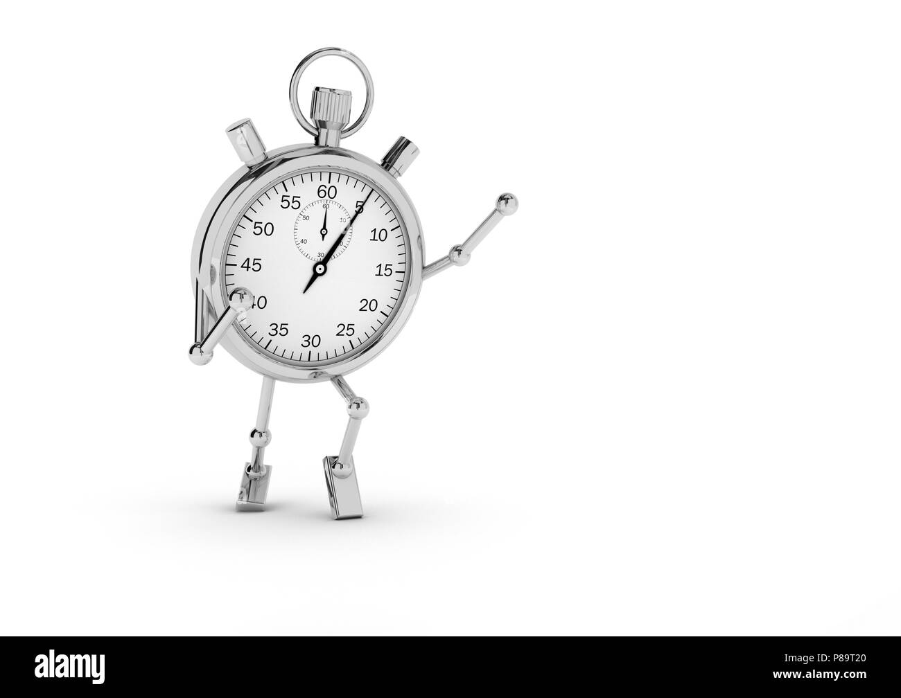 Stoppuhr mit Beinen und Armen, jubelt auf einem weißen Hintergrund. Stockfoto