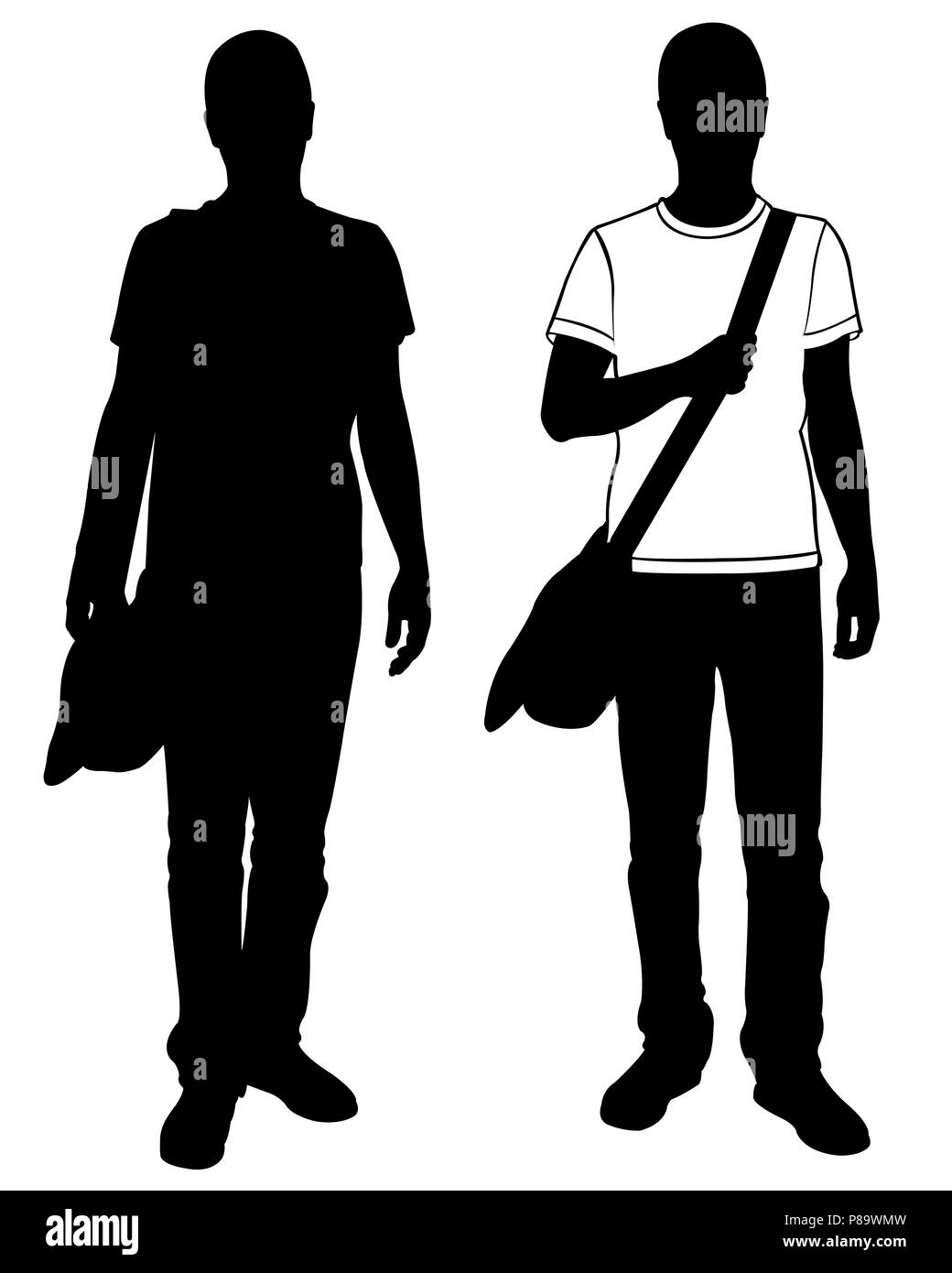 Silhouetten der Männer mit Tasche über der Schulter isoliert auf weißem Stockfoto