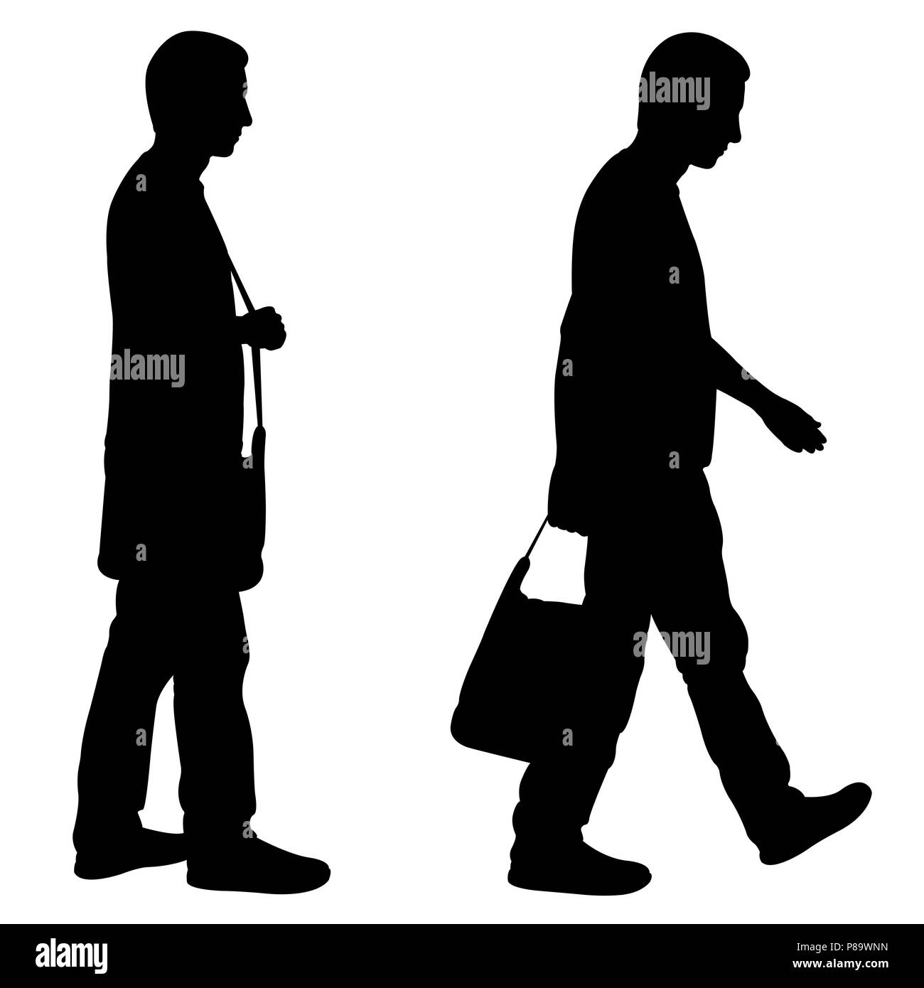 Silhouetten der Männer gehen mit Tasche isoliert auf weißem Stockfoto