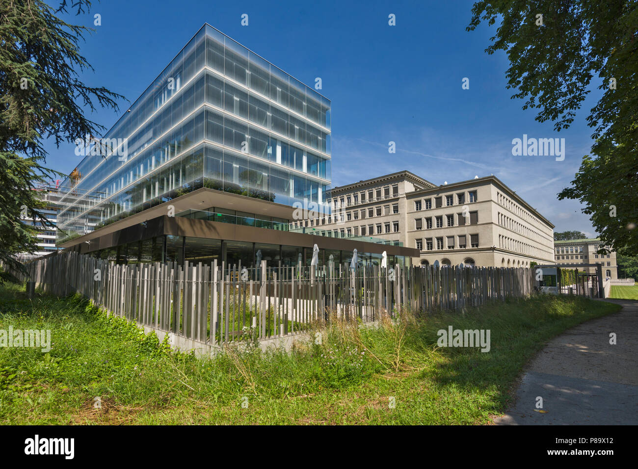Genf, Schweiz - 10. Juni 2018: Der Hauptsitz der Welthandelsorganisation (WTO) ist im Centre William Rappard entfernt Stockfoto
