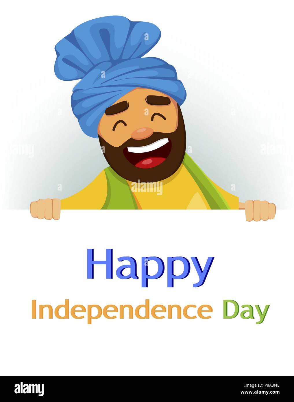 Happy Tag der Unabhängigkeit Indiens. Grußkarten, Flyer oder Poster mit lächelnden Sikh Mann hinter Banner mit Grüßen. Vector Illustration Stock Vektor