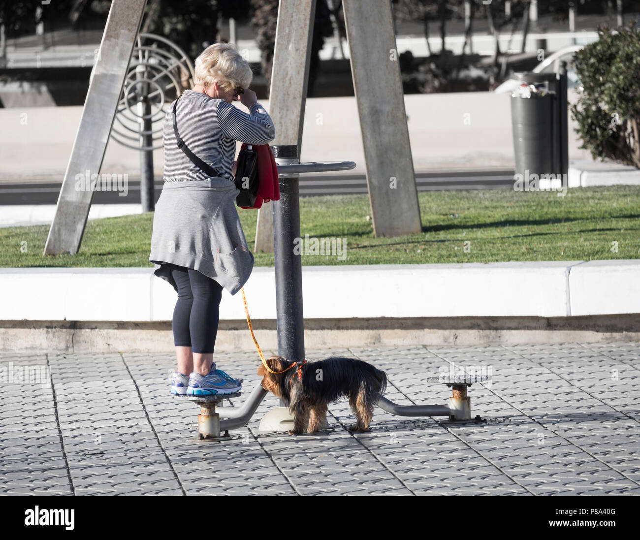 Ältere Frau zu Hund mit Bewegung im Freien Maschine auf city street in Spanien Stockfoto