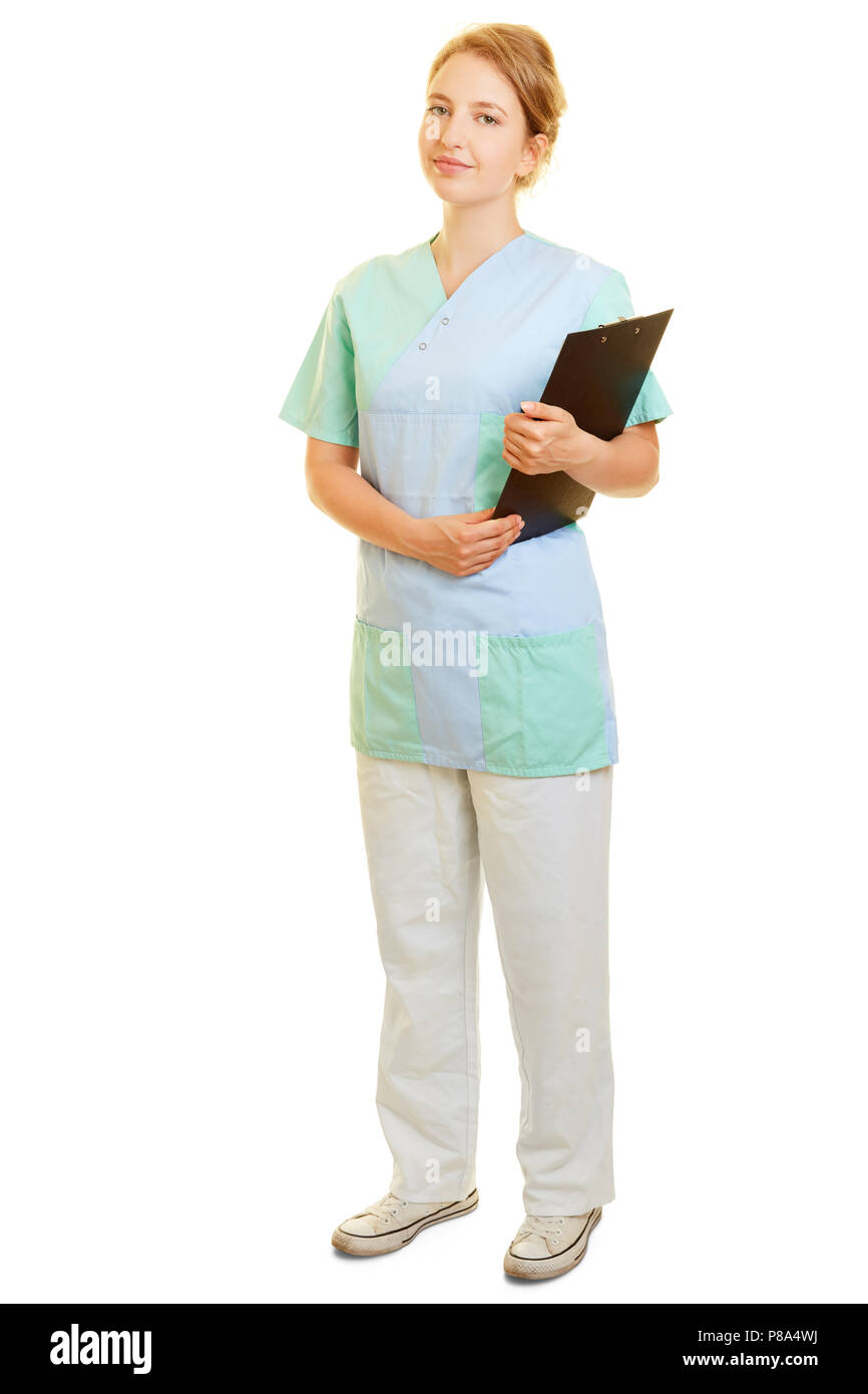 Frau als Krankenschwester oder Krankenpfleger im Kittel mit Zwischenablage Stockfoto