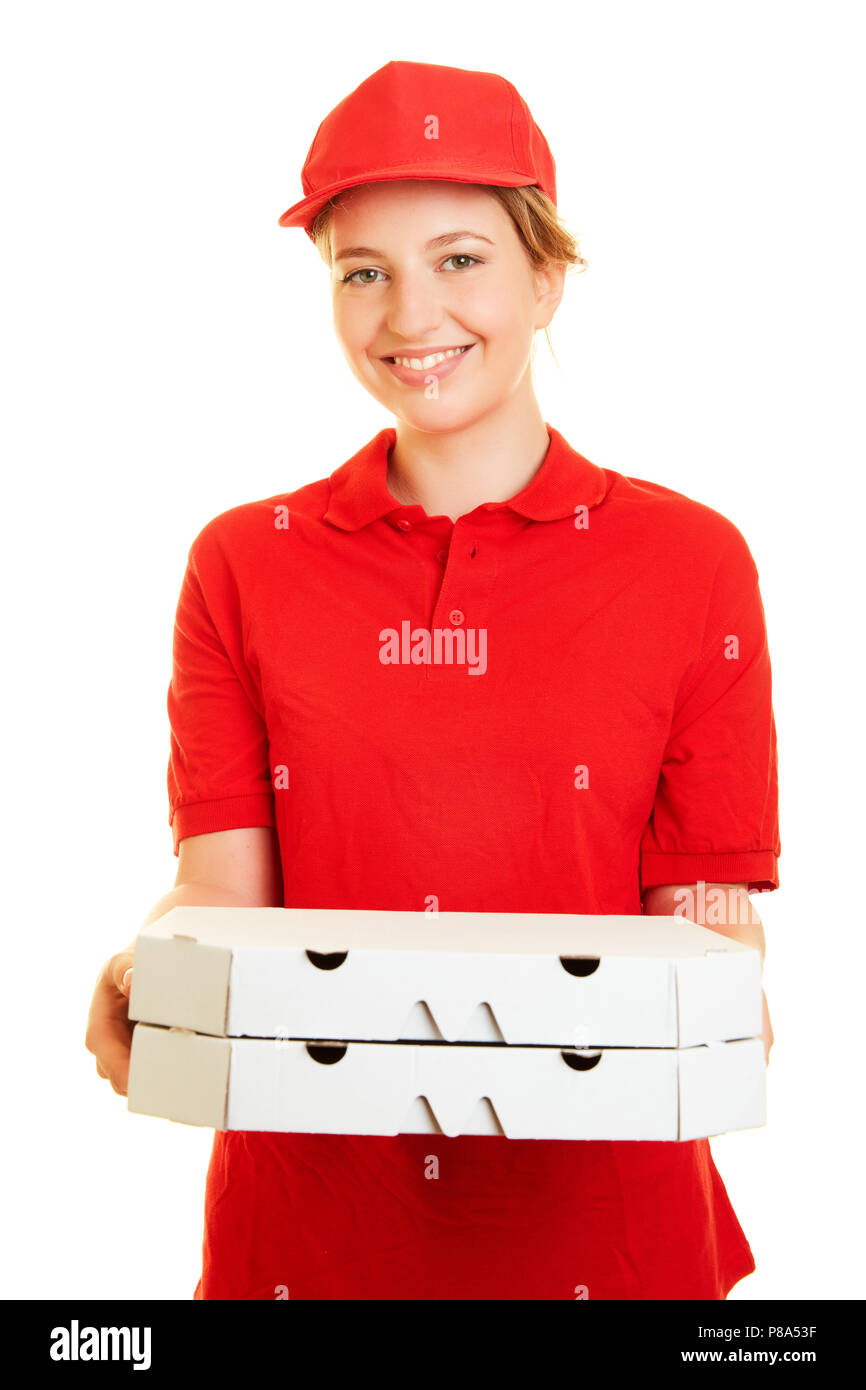 Junge Frau liefert frische Pizza Pizza Delivery Man für Pizza Service Stockfoto