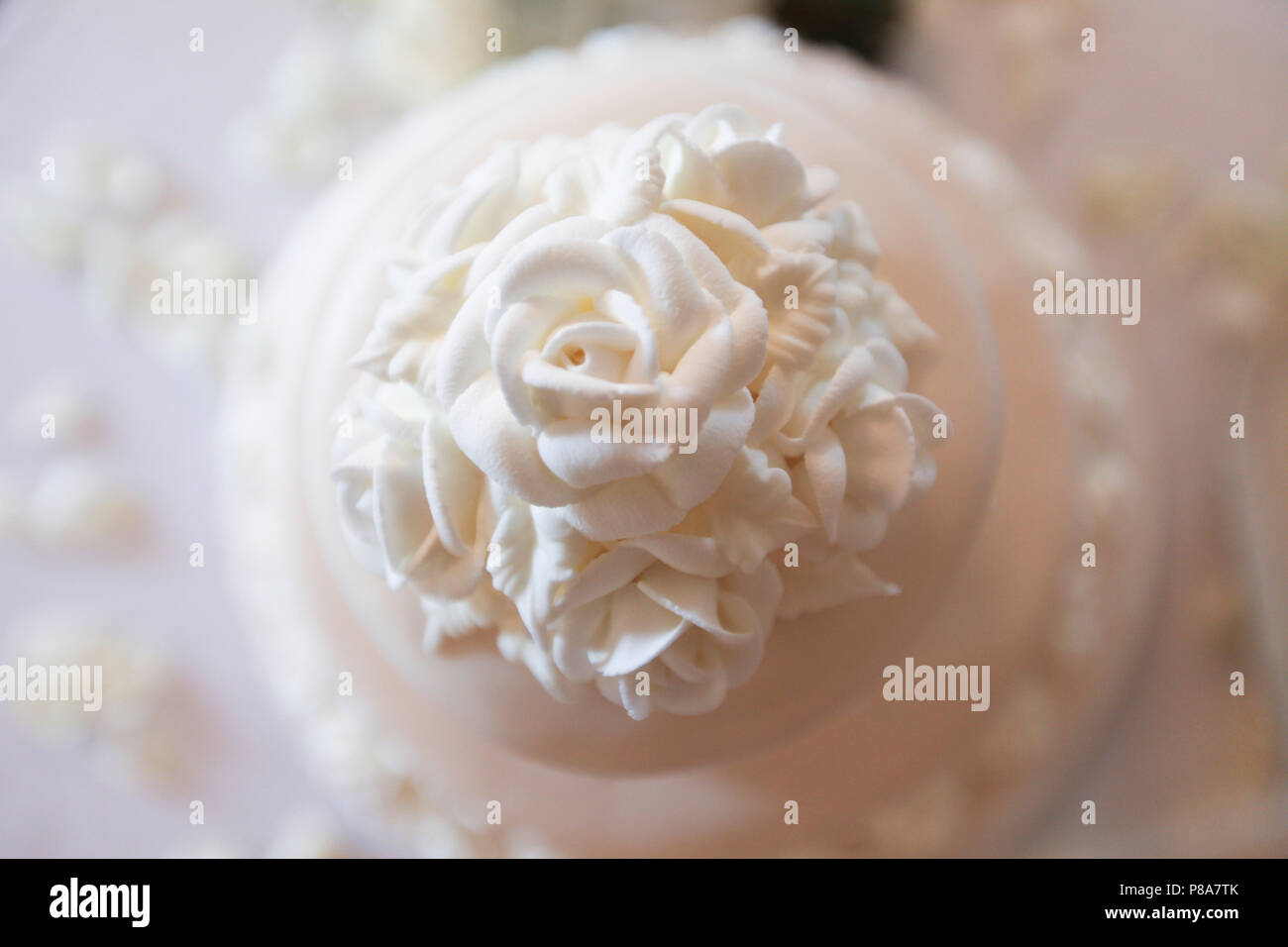 Hoher winkel Nahaufnahme der oberen Stufe einer schönen weißen Hochzeitstorte mit detaillierten weisse Rosen als Dekoration. Stockfoto