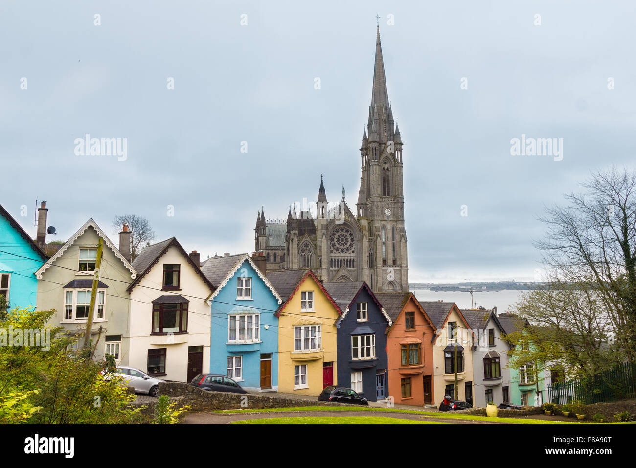 Dom und bunten Häuser in Cobh, Irland Stockfoto