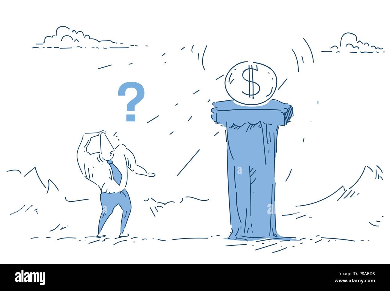 Unternehmer stehen Fragezeichen Geld Münzen dollar Säule Konzept auf weißem Hintergrund Skizze doodle Stock Vektor