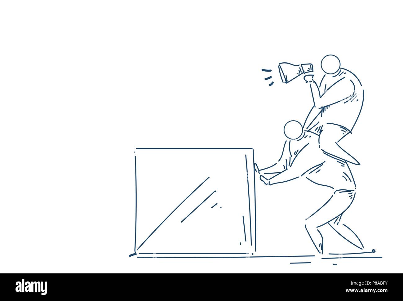 Zwei Unternehmer Holding auf den Schultern drückt, Megafon auf weißem Hintergrund Skizze doodle Stock Vektor