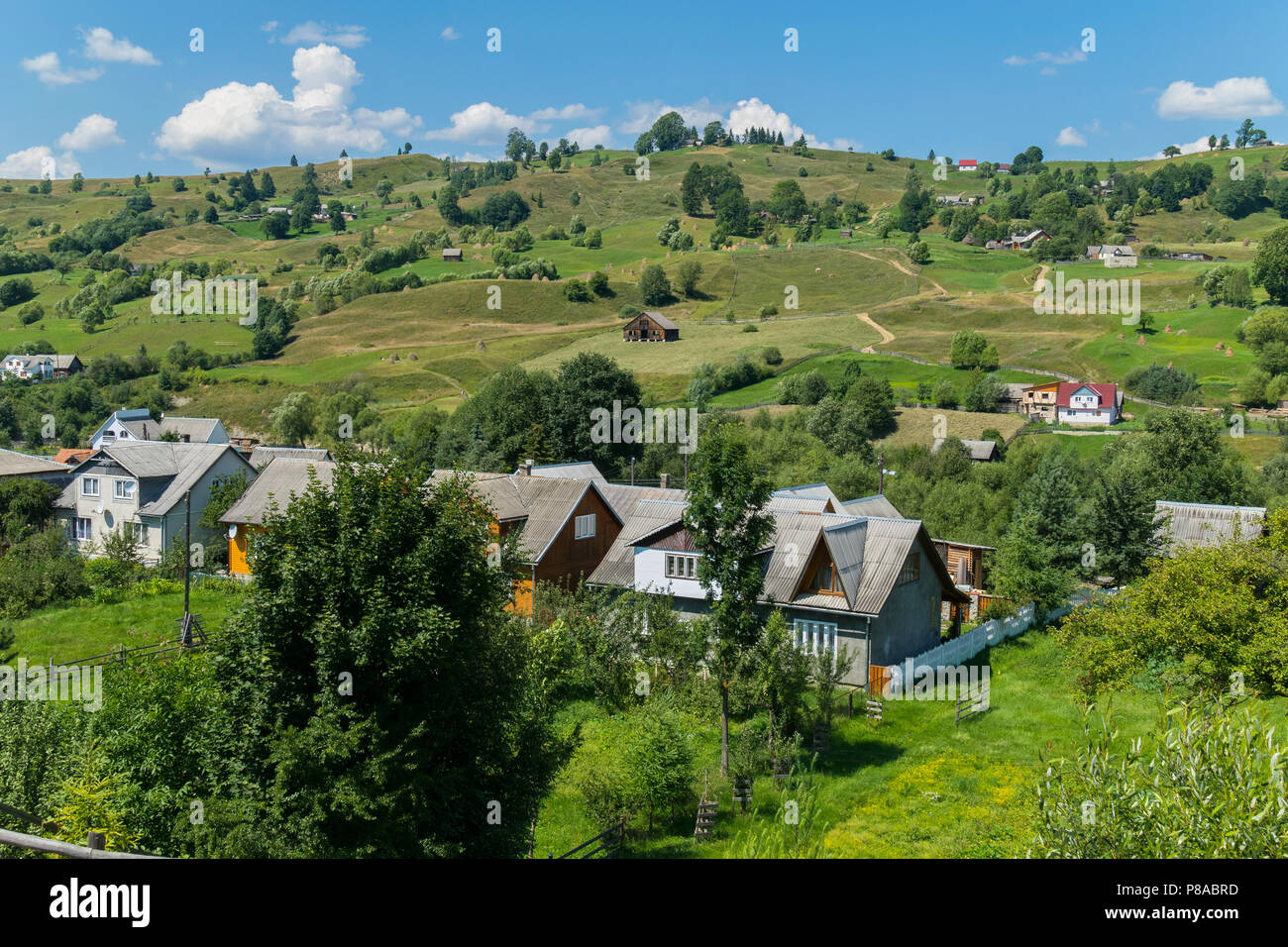 Ein Dorf in einem Tal mit verstreuten Häusern auf grünem Gras und Bäume in der Nähe von ihnen. Für ihr Design Stockfoto