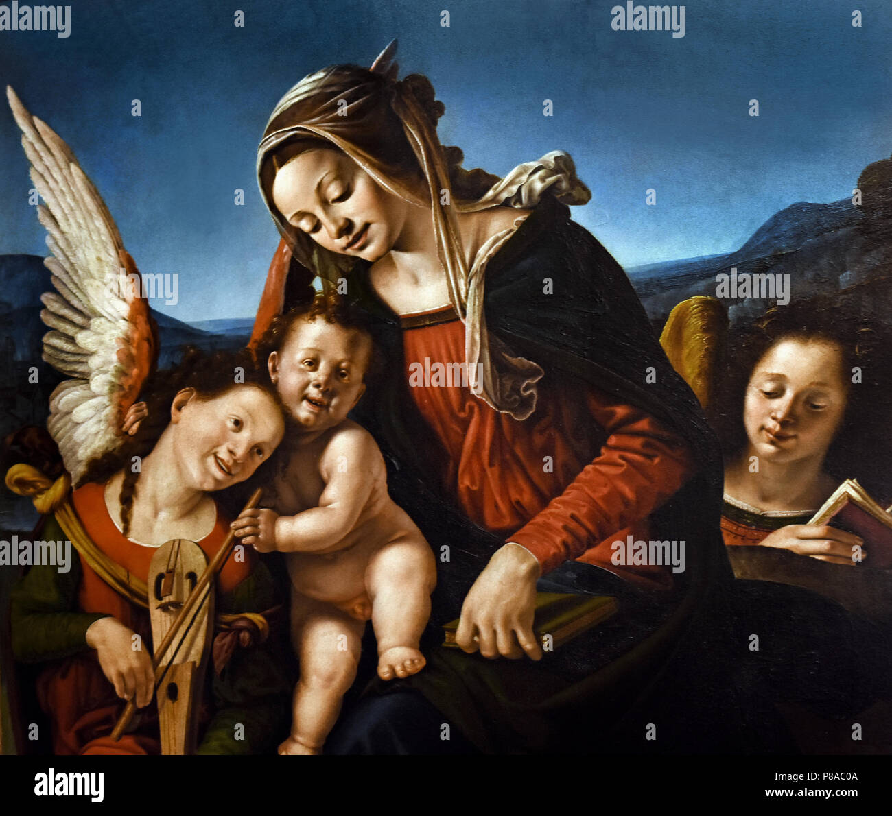 Madonna col Bambino e aufgrund Angeli - Madonna mit Kind und zwei Engel von Piero di Cosimo, (Pietro di Lorenzo) Florenz 1461 - 1522, Italien, Italienisch. Stockfoto