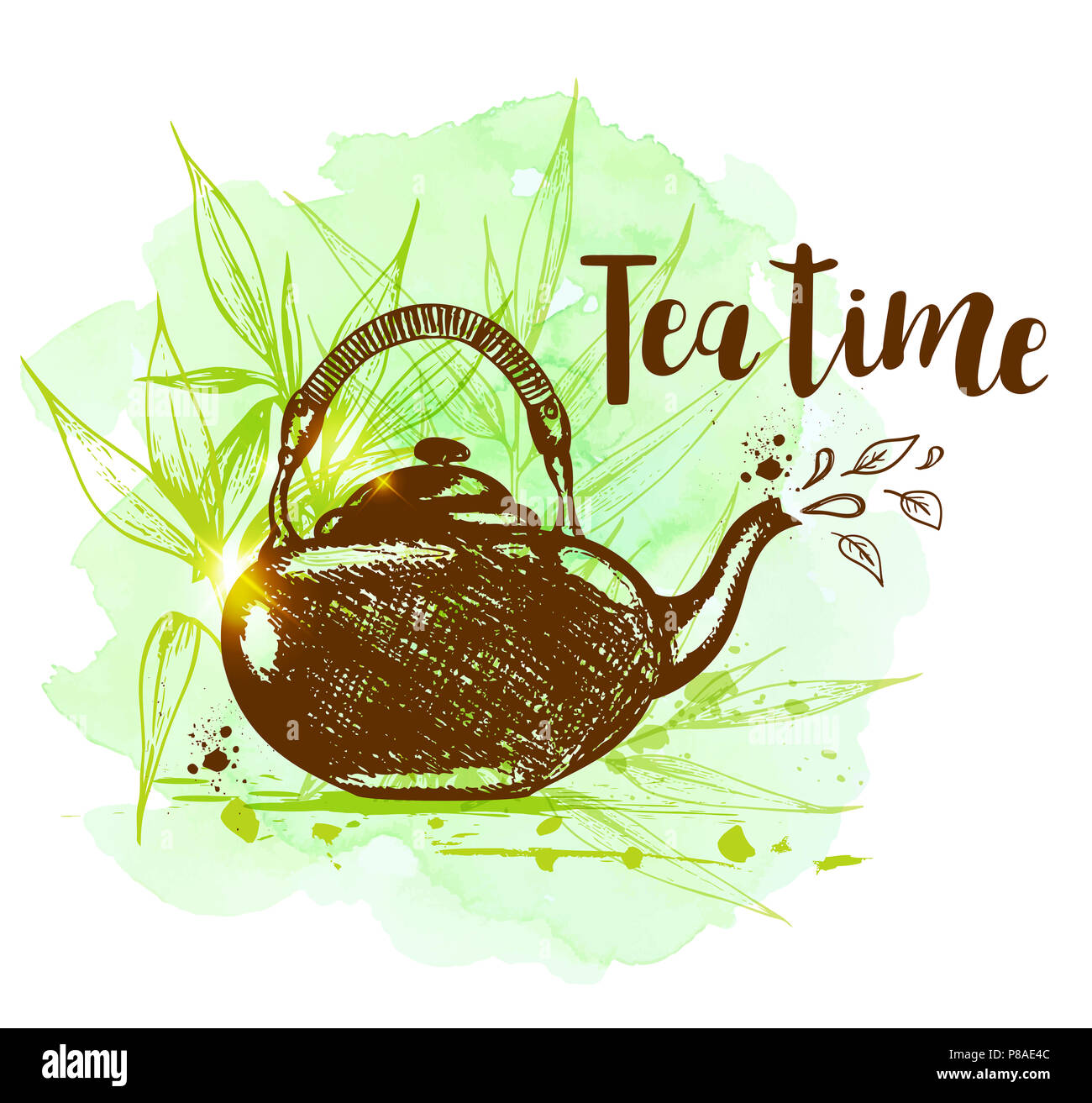 Teekanne und Bambus Zweig auf einem grünen Aquarell Hintergrund im Vintage Style. Tea time Schriftzug Stockfoto