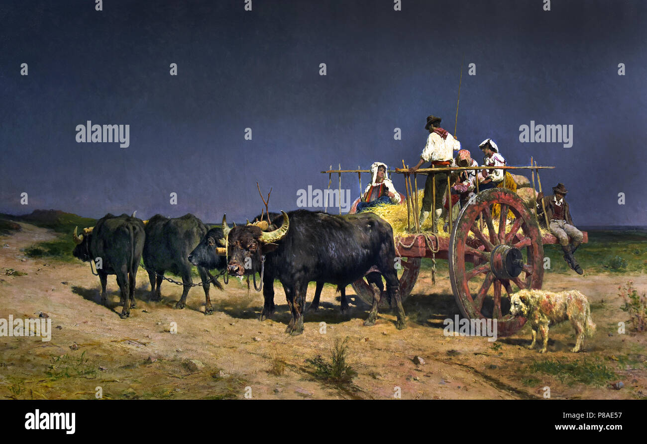 Eine Karre von Buffalo im Pontinischen Sümpfe gezogen von Aurelio Tiratelli (Rom 1842 - 1900) italienischer Maler, Land Szenen mit Tieren, Italien. Stockfoto