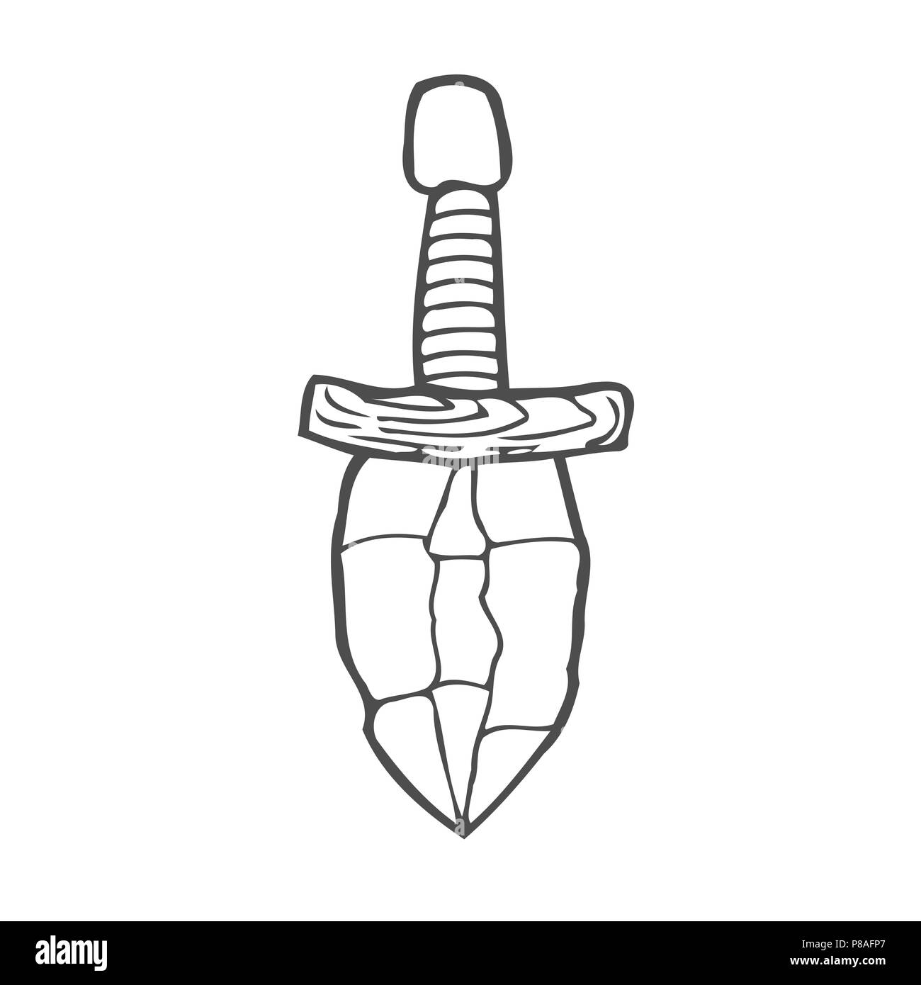 Kontur Bild der Dolch. Vector Illustration auf weißem Hintergrund für die Erstellung von Skizzen von Tätowierungen isoliert, Bedrucken von T-Shirts und andere Gegenstände. Stock Vektor