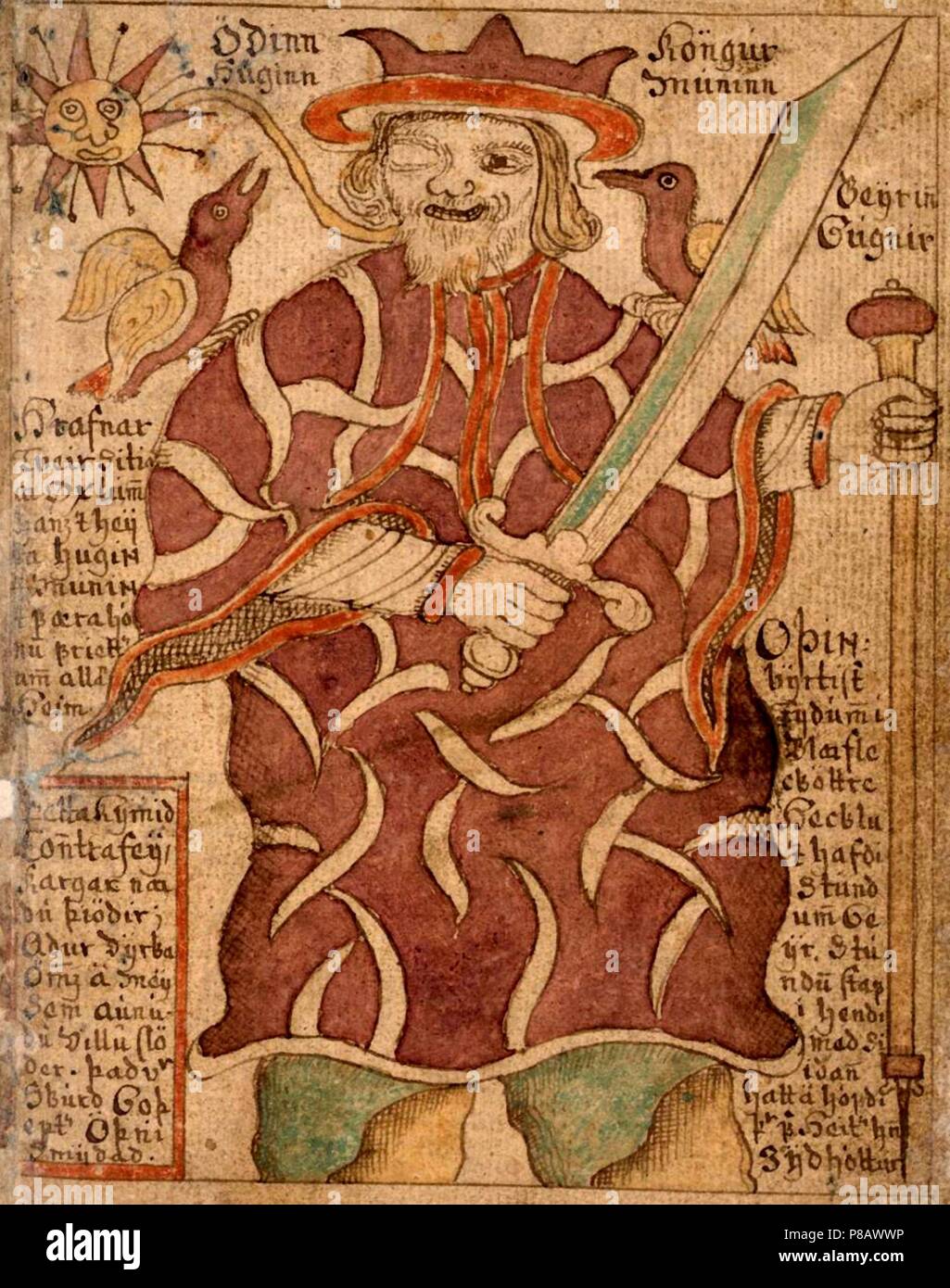 Odin mit seinen Raben Hugin und Munin und seine Waffen (aus dem Isländischen Handschrift SÁM 66). Museum: Arni Magnusson Institut, Reykjavik. Stockfoto